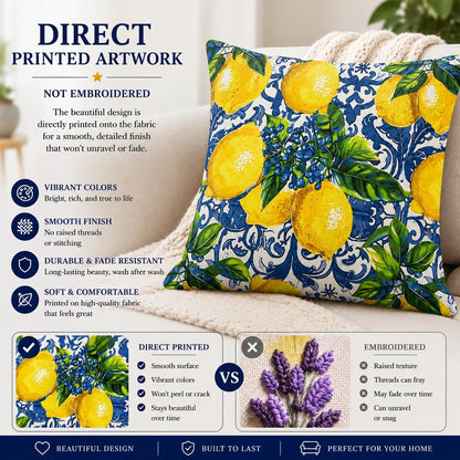 Lemon Throw Pillow, 18x18 Inch Decorative Pillow with Insert Included, Blue White Mediterranean Accent Pillow, Italian Coastal Farmhouse Home Decor Cushion for Sofa Couch Bed (LS-005)