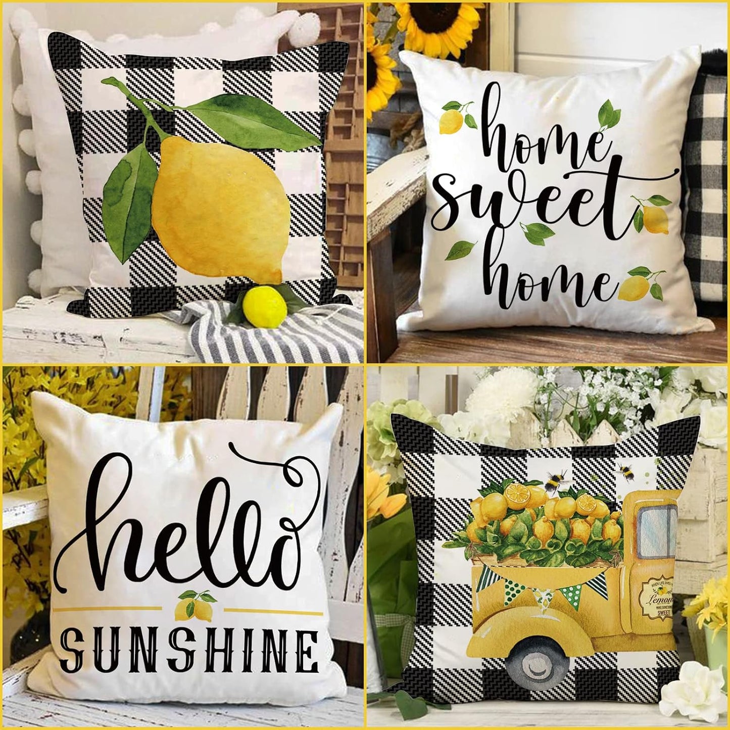 AnyDesign Lemon Pillow Covers 18 x 18 in Summer Farmhouse Throw Pillow Case Watercolor Buffalo Plaids Truck Hello Sunshine Cushion Cases for Home Sofa Couch, 4 Pack