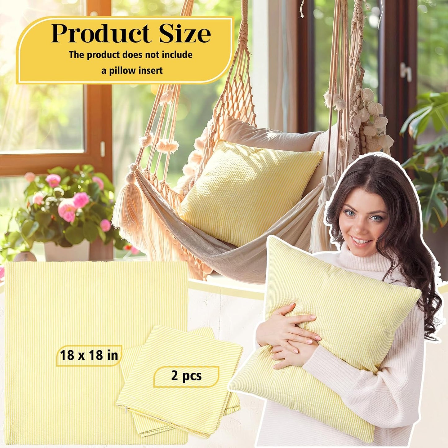 Huhumy Yellow 2 Pack Throw Pillow Cover 18" x 18" for Home Decoration Striped Modern Style Decorative Cushion Covers No Inserts Seersucker Pillow Cover for Outdoor Patio Living Room Chair Bed Couch
