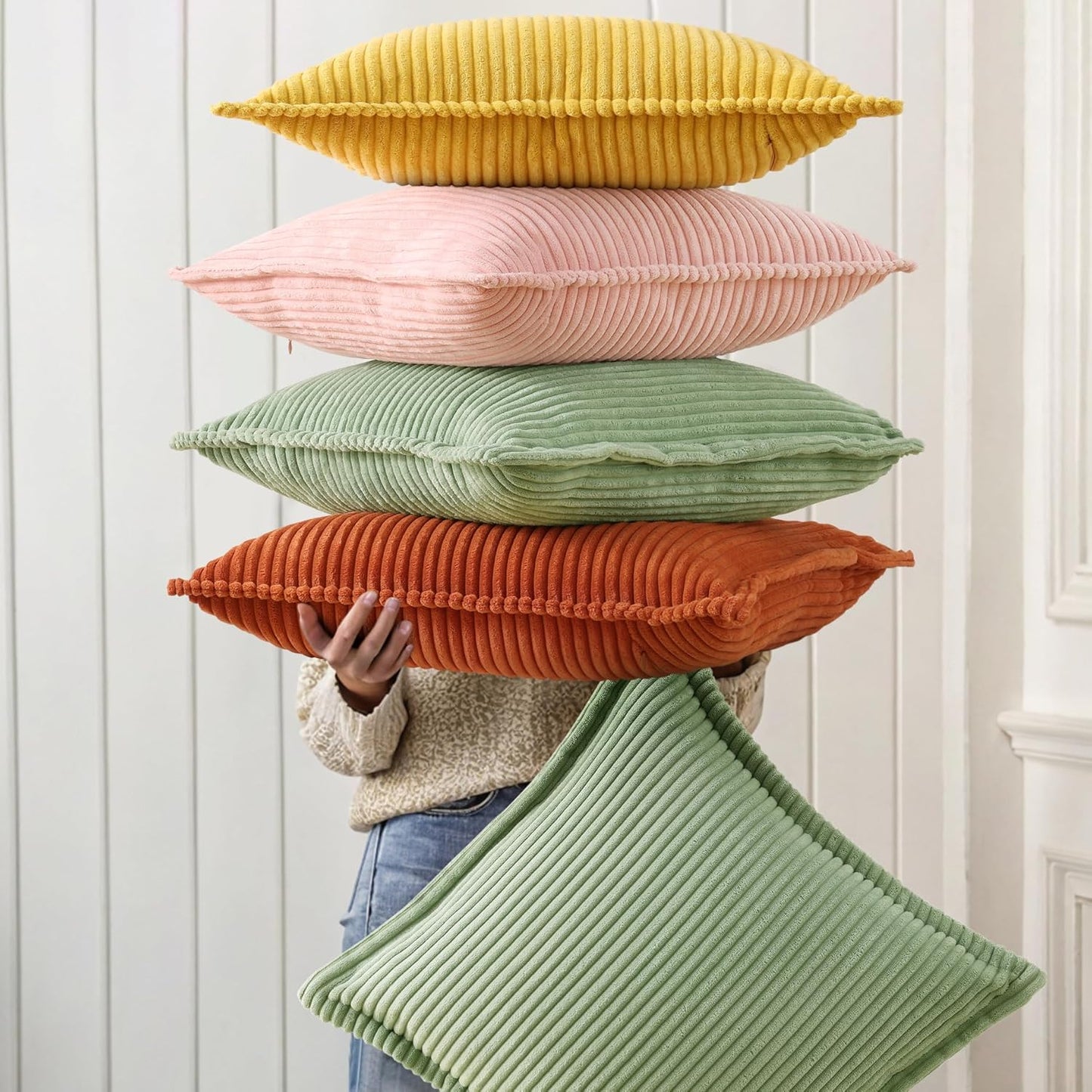 decorUhome Fall Corduroy Mustard Yellow Euro Sham Throw Pillow Covers 22x22 Set of 2 Decorative Soft Boho Farmhouse Couch Pillow Covers for Living Room Bed Sofa Broadside Striped Pillow Cases