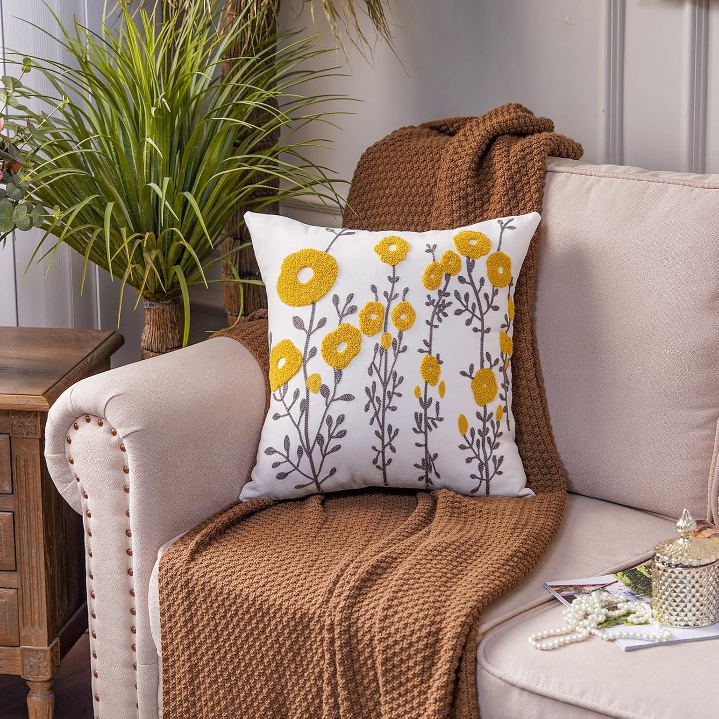 ARTMAGIC Yellow Throw Pillow Cover Embroidered Boho Flower Cushion Covers | Yellow 18"x18" Farmhouse Tufted Cushion Cover, For Couch Sofa Bed, Living Room Bedroom Decor
