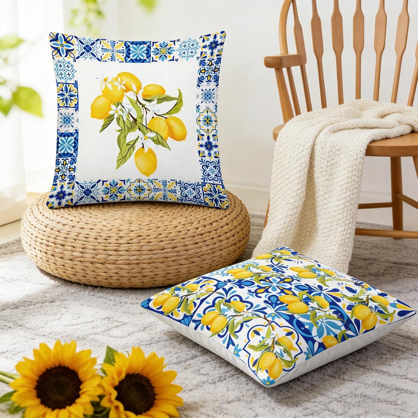 Italian Lemon Pillow Covers Set of 4, 18x18 Inch Blue Lemon Floral Throw Pillow Covers, Polyester Summer Fruit Cushion Case Decorations for Holiday Farmhouse Home Sofa Couch Gifts