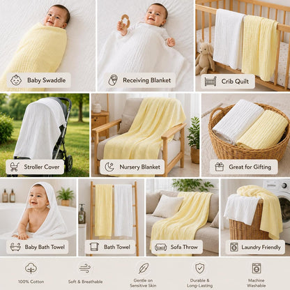 Aablexema Baby Muslin Bath Towels - Set of 2 Large Size 43X43 Inches Swaddle Blanket for Newborn Toddlers Boys Girls (White & Yellow)