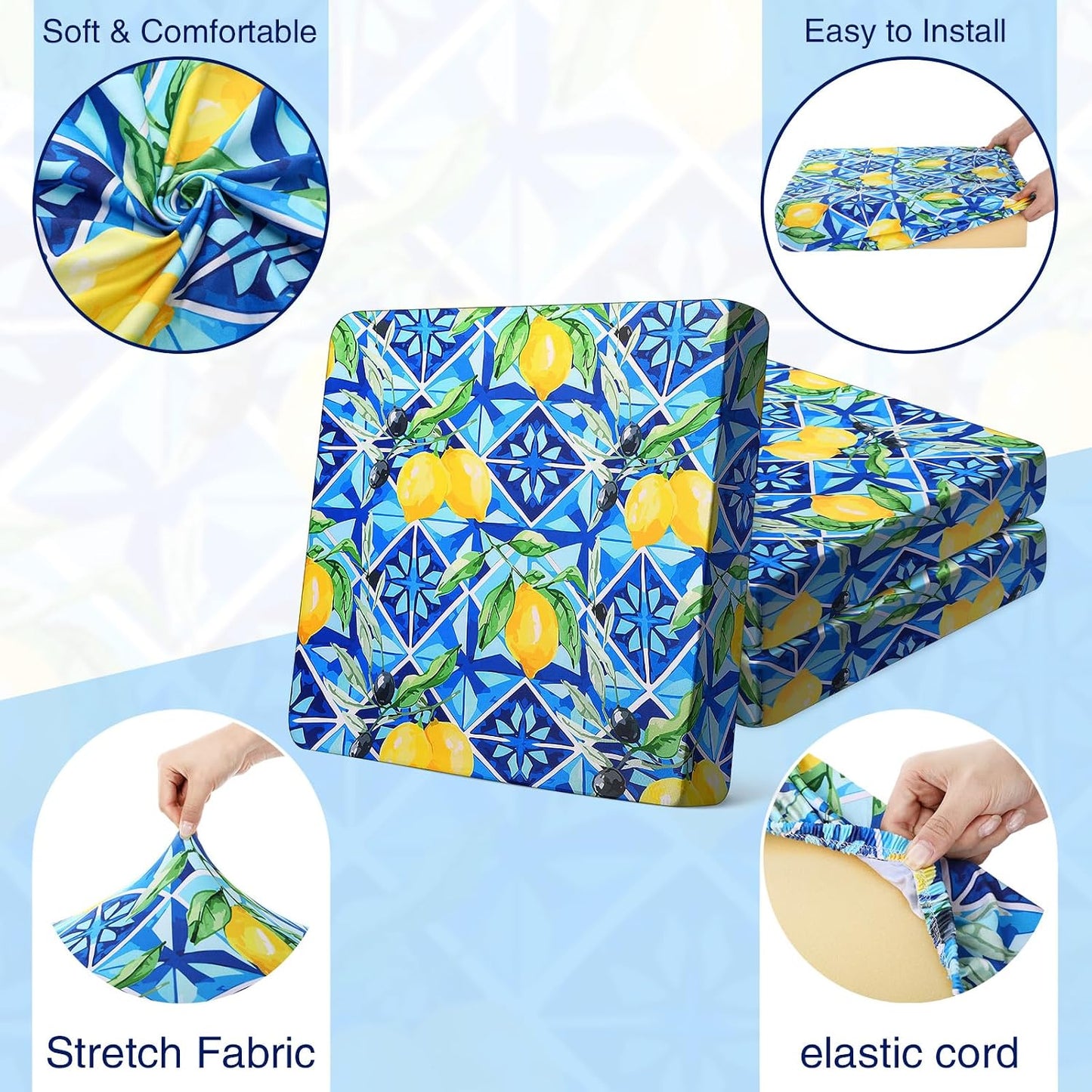 Newwiee 12 Pcs Patio Cushion Covers Outdoor Stretch Sofa Couch Cover Replacement Couch Slipcover Sofa Seat Chair Porch Patio Furniture Protector, Flexibility Washable(Blue Series,Yellow Lemon)
