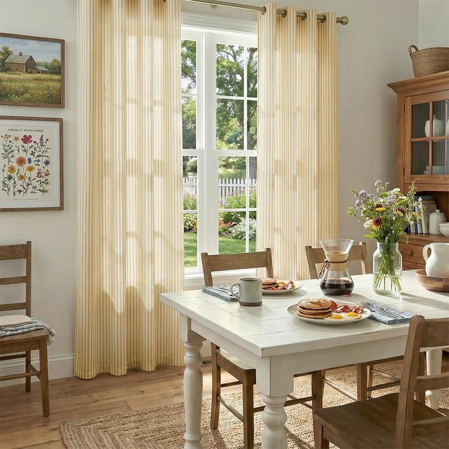 Vangao Linen Striped Curtains for Living Room Bedroom Farmhouse Tickingstripe Light Filtering Window Curtains Printed Drapes Grommet Top 2 Panels Mustard Yellow on Off White W50 x L84 Inch