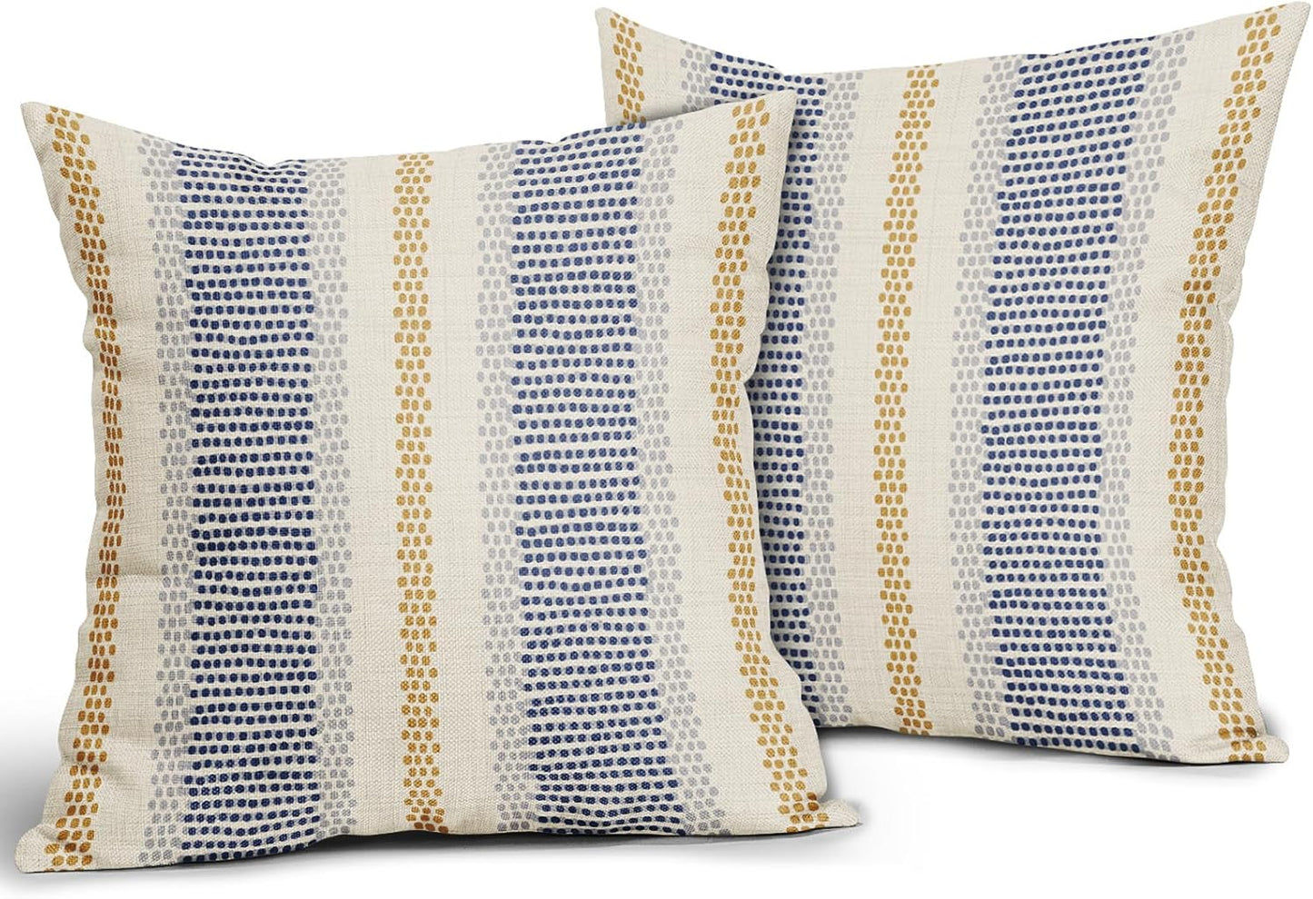 Blue Yellow Pillow Covers 18x18 Set of 2 Gray Grey Dot Print Striped Decorative Throw Pillows Outdoor Boho Rustic Pillowcase Farmhouse Linen Cushion Case Decor for Home Sofa Couch Bed