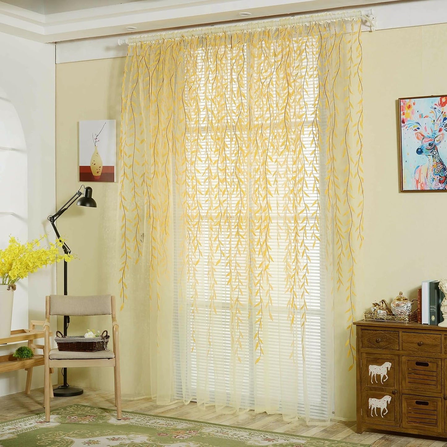 Ufurty 2-Piece Willow Leaf Window Curtains - Voile Tulle Sheer Room Drapes, Yellow, for Living Room, Bedroom, Balcony