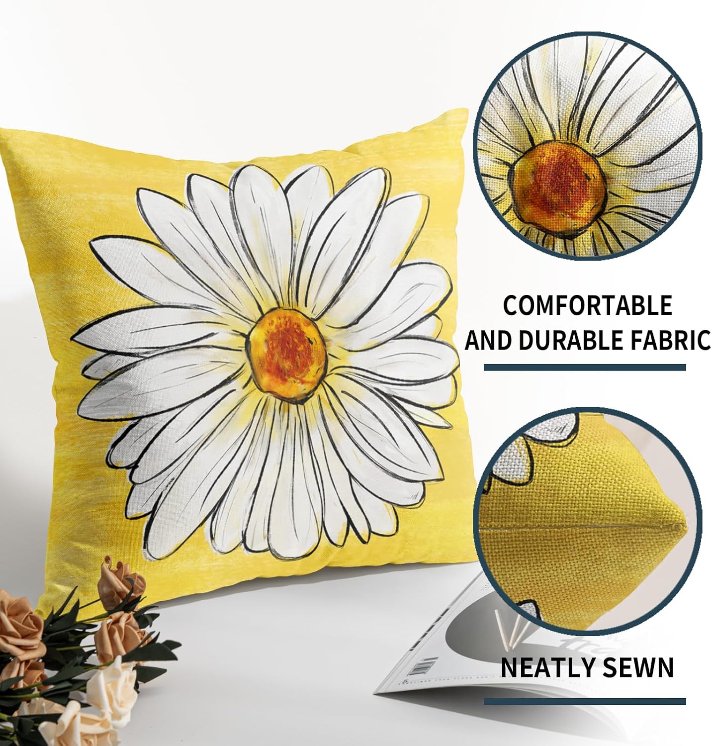 Robvobe Spring Daisy Pillow Covers 18x18 Set of 2 Cute Floral Yellow Summer Outdoor Decorative Throw Pillows Farmhouse Flower Pillowcases Linen Cushion Case Decor for Home Sofa Couch Bed
