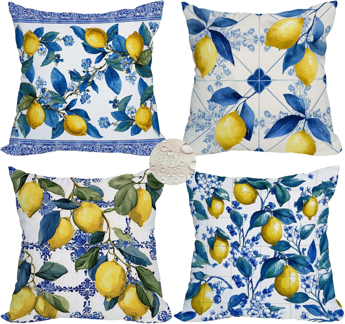 Fukeen Waterproof Lemon Pillow Covers 24x24 Inch Set of 4, Double-Sided Blue and Yellow Mediterranean Citrus Floral Cushion Covers with Italian Tile Pattern for Sofa Couch Patio Outdoor Decor