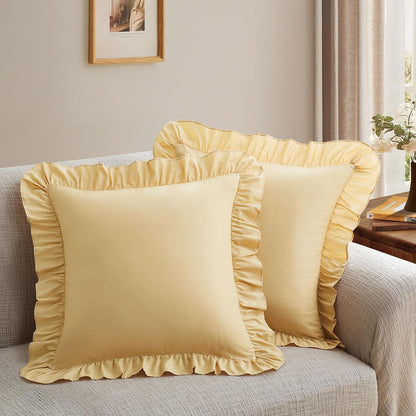 2 Pack Ruffle Throw Pillow Covers 18x18 Inches, Yellow Square Pillow Cases Microfiber Decorative Pillow Shams for Sofa Couch Bedroom Living Room