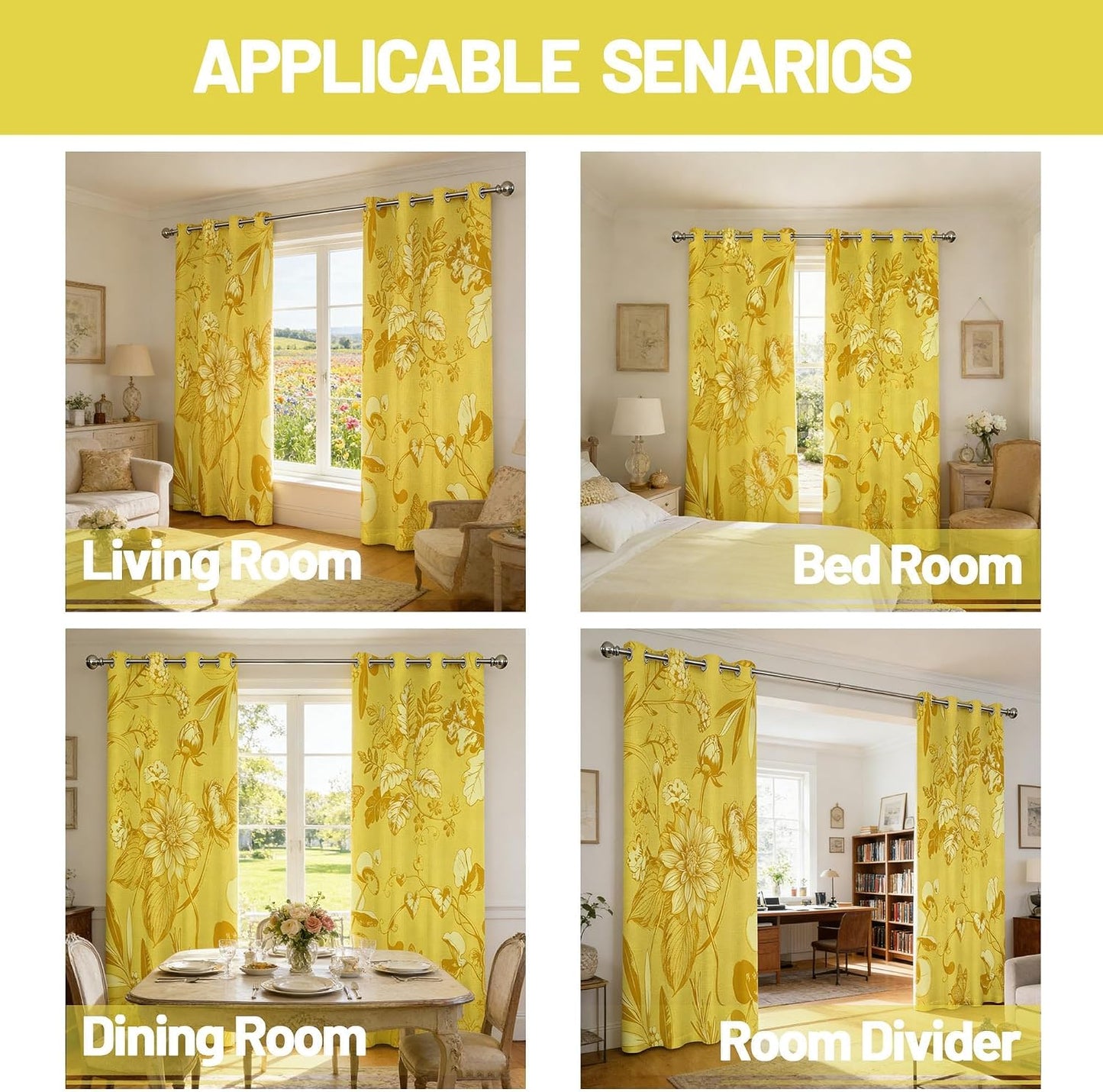 Mustard Yellow Vintage Botanical Blackout Curtains Patterned Yellow Floral Window Drapes for Bedroom Living Room, 84 inch Length 2 Panels Set, 52x84 inch