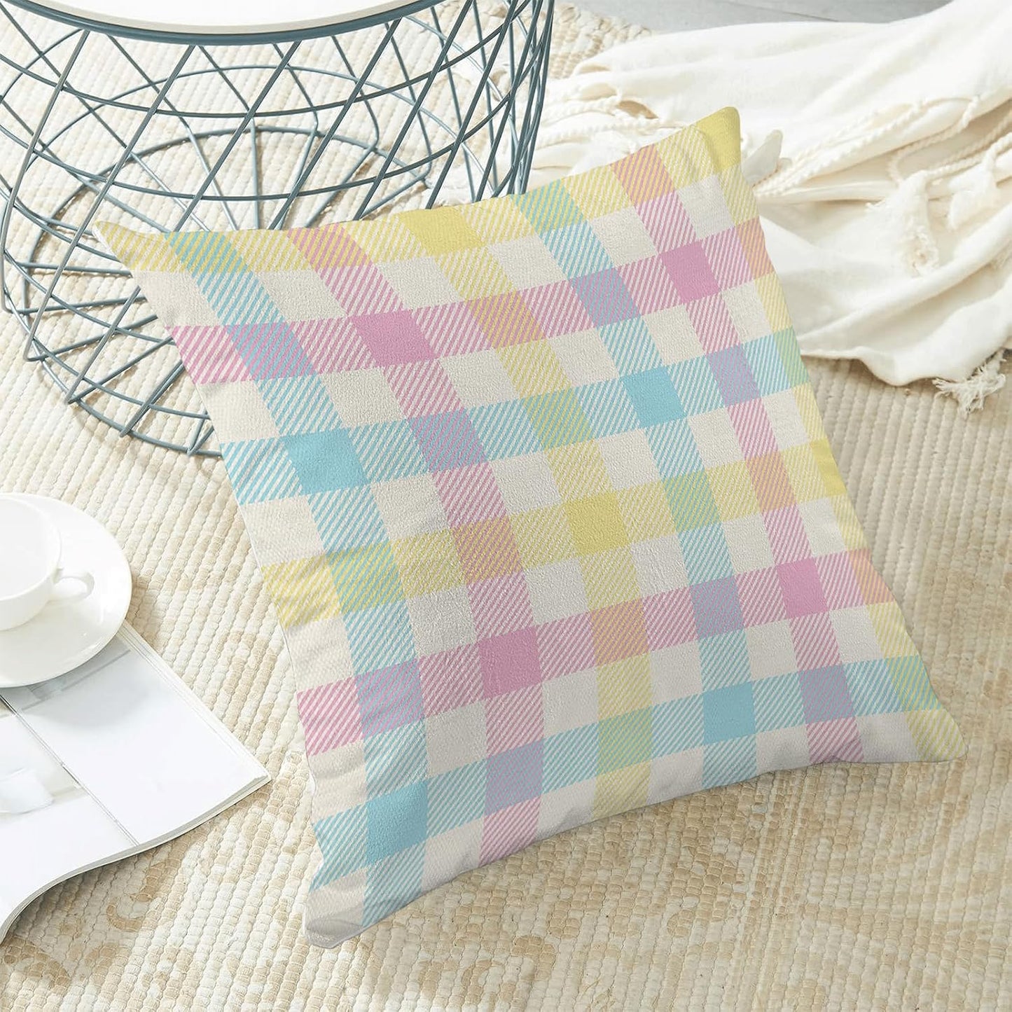 Spring Buffalo Plaid Pillow Covers 18x18 Set of 2 Yellow Blue Pink Checkered Easter Throw Pillows Summer Outdoor Decorative Pillowcase Farmhouse Linen Holiday Decor Cushion Case for Couch Sofa