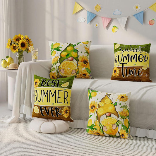 Watercolor Gnome Sunflower Lemon Summer Pillow Covers Throw Pillow Cases Set of 4 Decorations for Home Sofa Cushion Cover Party Holiday Decor 18x18 Inch