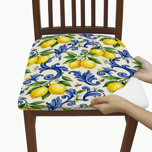 Lemon Seat Covers for Chairs, Floral Vintage Flower Leaf Summer Yellow Spandex Washable Dining Chair Seat Slipcover Decor for Kitchen Office Conference 4pcs