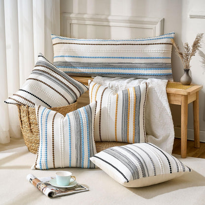 Farmhouse Throw Pillow Covers Accent Pillows Fall Pillow Covers 18x18 Boho Decorative Textured Woven Cushion Cases Set of 2 Mustard Yellow Striped Couch Covers for Couch Bed Living Room Home