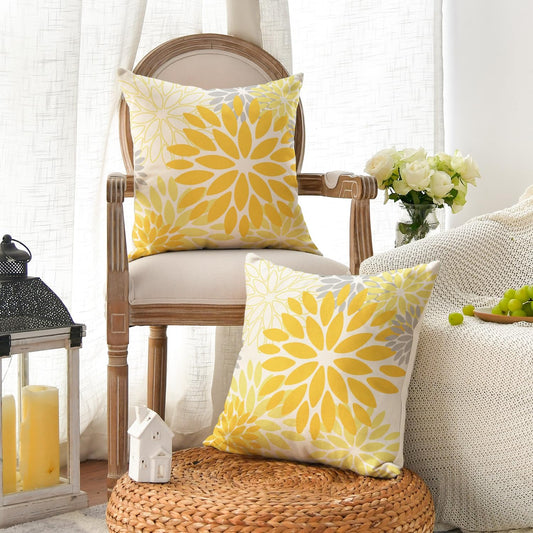 AVOIN colorlife Dahlia Flowers Yellow and Grey Summer Throw Pillow Covers, 18 x 18 Inch Living Room Outdoor Cushion Case Decoration for Sofa Couch Set of 2