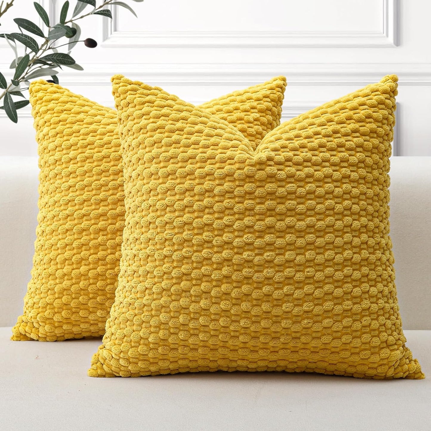 OTOSTAR Pom Poms Decorative Corduroy Throw Pillow Covers 16x16 Inch Super Soft Boho Striped Square Cushion Covers Case Geometric for Sofa Couch Bedroom Car Decor Set of 2, Yellow