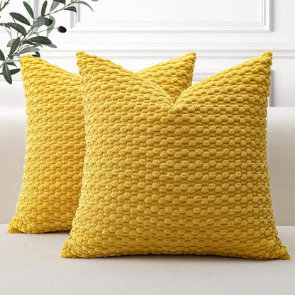 OTOSTAR Pom Poms Decorative Corduroy Throw Pillow Covers 16x16 Inch Super Soft Boho Striped Square Cushion Covers Case Geometric for Sofa Couch Bedroom Car Decor Set of 2, Yellow
