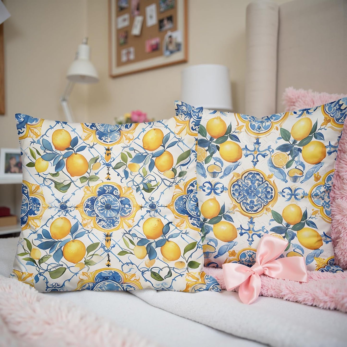 Blue and Yellow Mediterranean Lemon Throw Pillow Covers 18x18 Set of 2,Lemons Gifts for Women,Blue Summer Lemon Pillowcase for Girls Room Dorm Apartment, Italy Majolica Tiles Lemons Decor