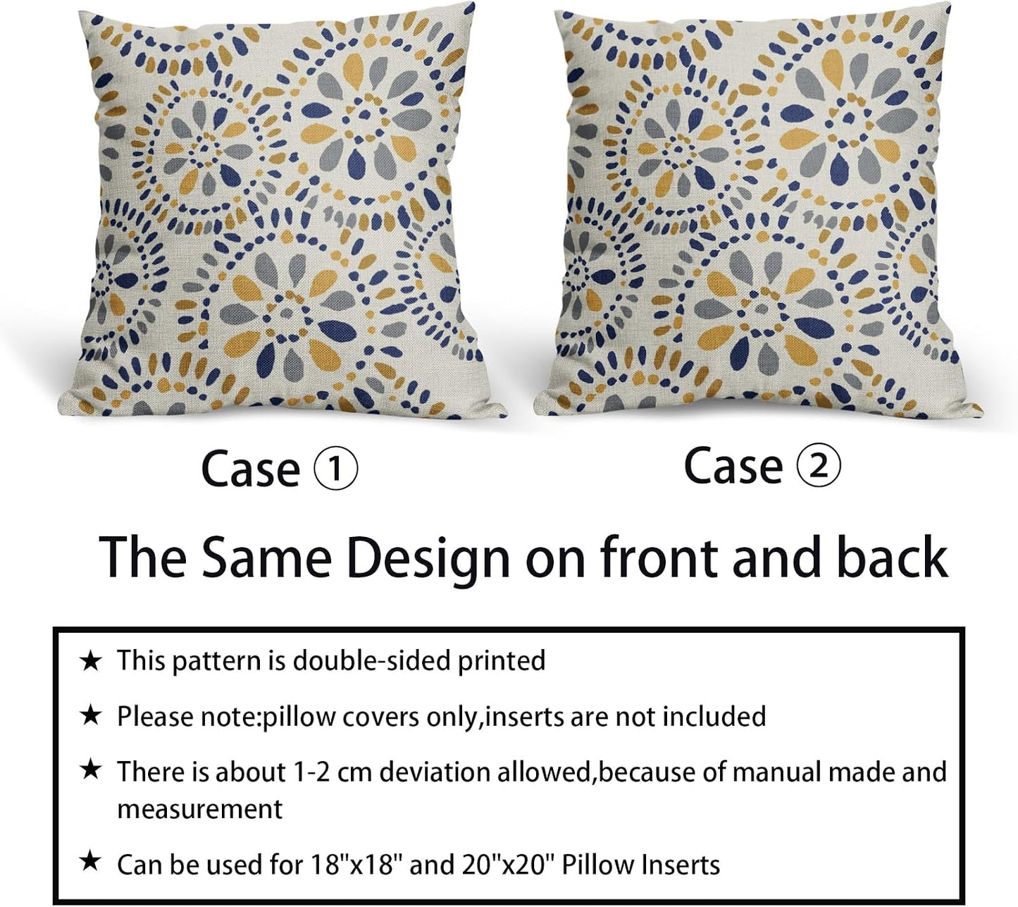 Blue and Yellow Throw Pillow Covers 18x18 Set of 2 Navy Yellow Grey Gray Boho Geometric Flower Pattern Print Decorative Pillowcases Farmhouse Outdoor Square Cushion Cases Decor for Sofa Bed Couch