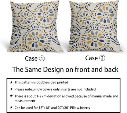 Blue and Yellow Throw Pillow Covers 18x18 Set of 2 Navy Yellow Grey Gray Boho Geometric Flower Pattern Print Decorative Pillowcases Farmhouse Outdoor Square Cushion Cases Decor for Sofa Bed Couch