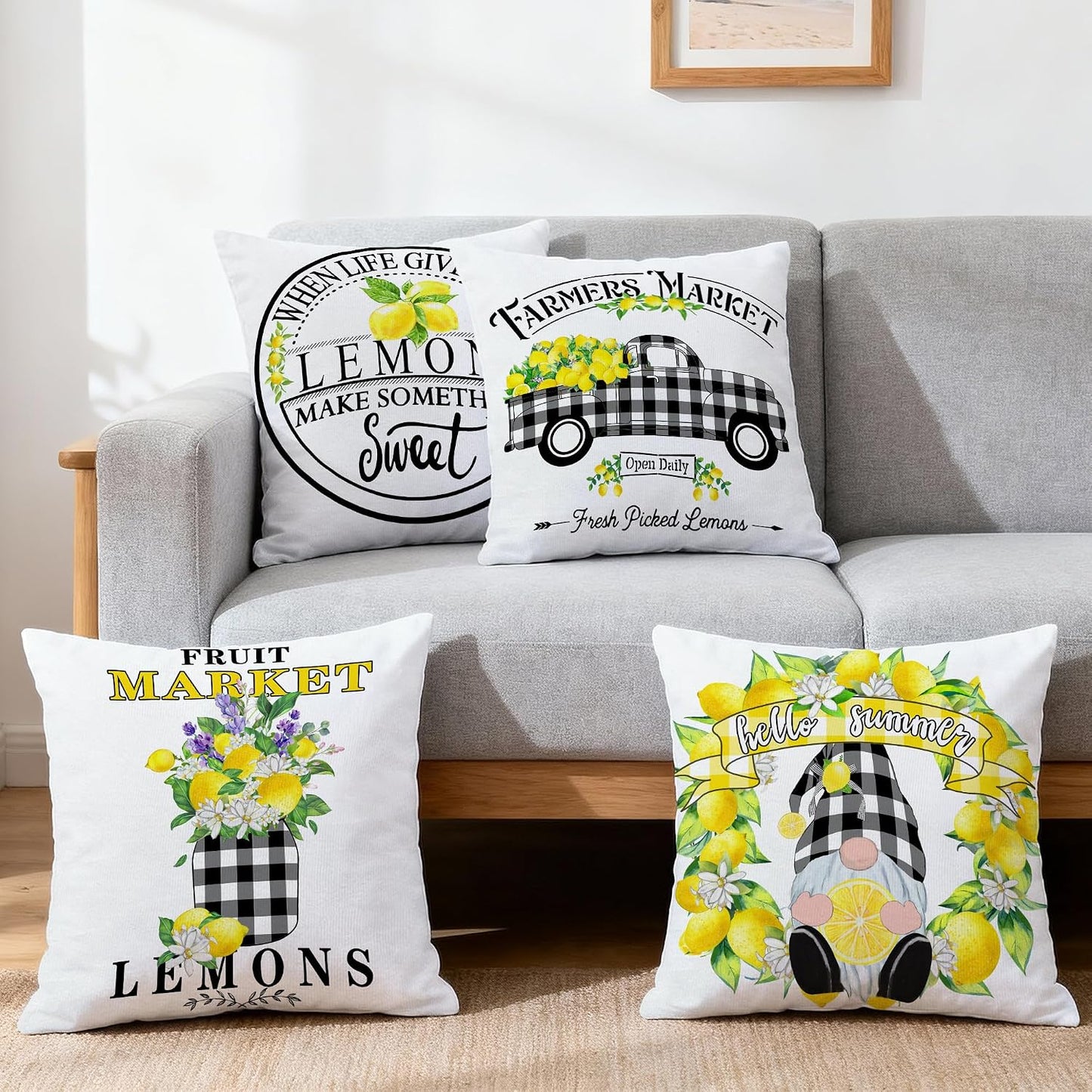 Hexagram Lemon Pillow Covers, Summer Buffalo Plaid 18x18 Pillow Cover | Lemmon, Farmhouse, Outdoor Decorative Buffalo Plaid, Cushion, Couch, Sofa, Living Room, Bedroom, Indoor Decor