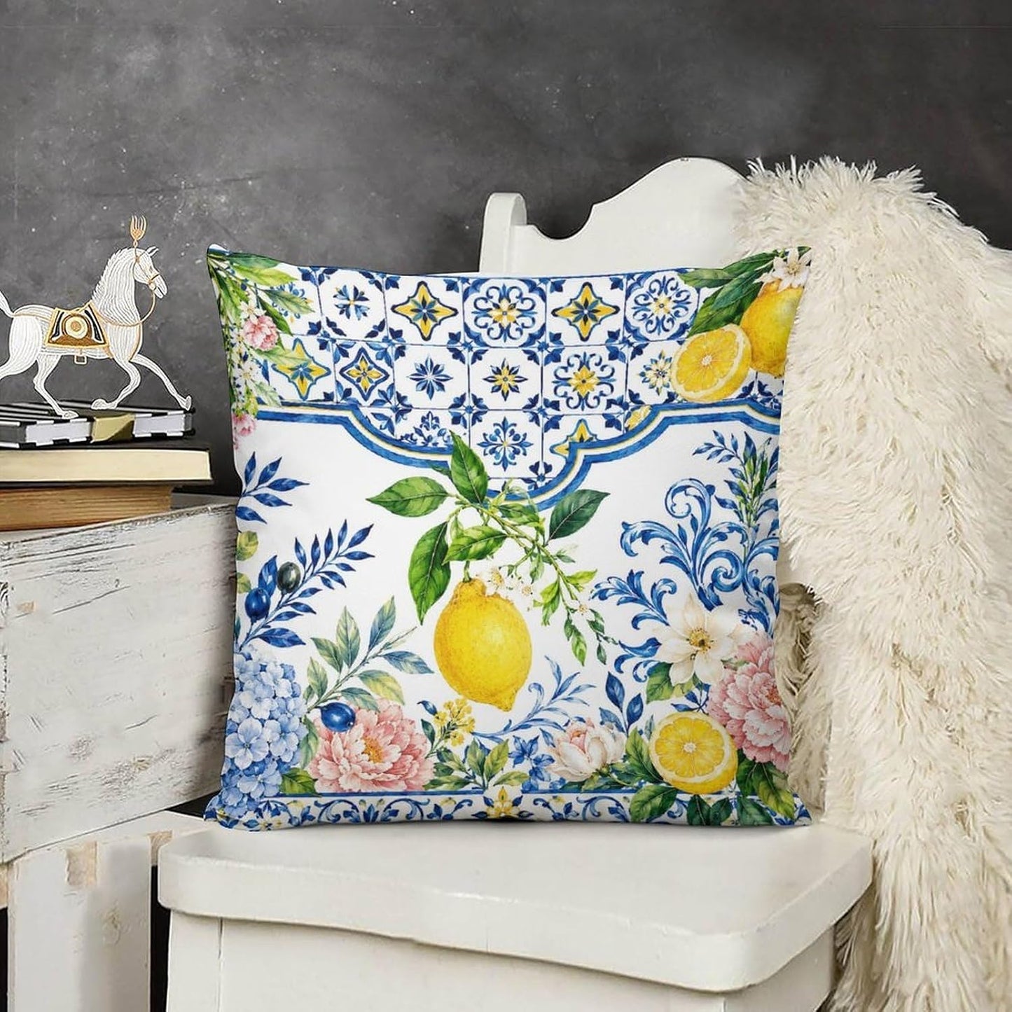 Throw Pillow Covers 18 "x18 Set of 2 - Summer Lemons Blue TilesDecorative Linen Pillow Covers Cushion Cases for Farmhouse Sofa Couch Outdoor Home Decorations