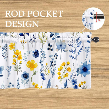 Yellow Blue Floral Valances 54" W x 18" L - Yellow Blue Flowers Kitchen Curtains Valance for Windows Rod Pocket Kitchen Decor Decorations