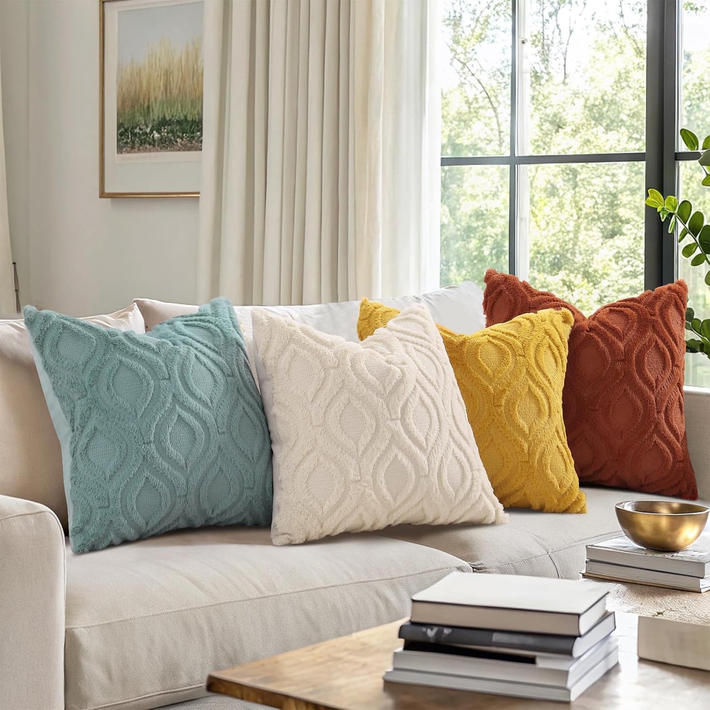 decorUhome Fall Throw Pillow Covers 18x18 Inch Set of 2, Soft Plush Faux Wool Mustard Yellow Solid Couch Pillow Covers, Accent Farmhouse Neutral Square Pillow Cases for Sofa Bed Living Room
