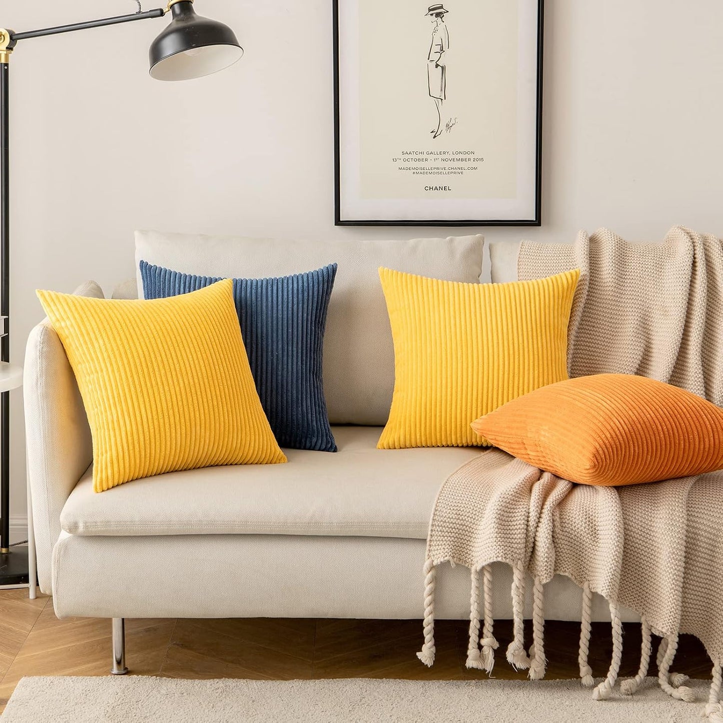 MIULEE Decorative Corduroy Pillow Covers Soft Solid Pack of 2 Cushion Cases Boho Square Throw Pillow Covers Golden Yellow Pillowcases for Couch Chair Sofa Bed Living Room Home Decor 18 x 18 Inch