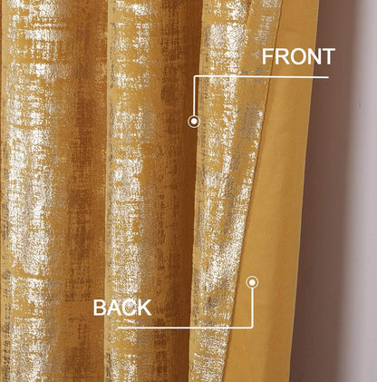 always4u Yellow Soft Velvet Curtains 108 Inch Length Long Luxury Bedroom Curtains Gold Foil Print Window Treatments for Living Room Set of 2