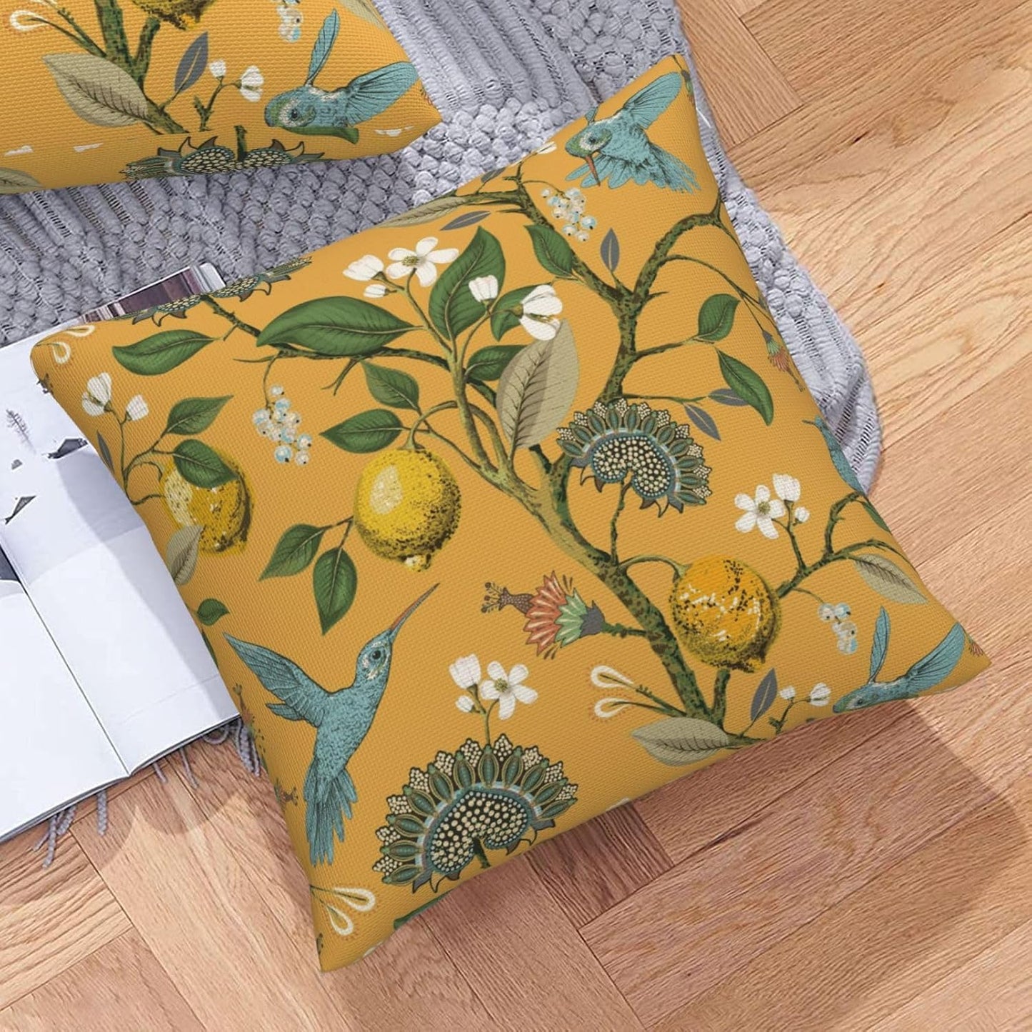 Mustard Yellow Floral Pillow Covers 18x18 Set of 2 Hummingbirds Throw Pillowcases Lemons Square Cushion Case for Couch Bed Sofa Chair Outdoor Home Decor