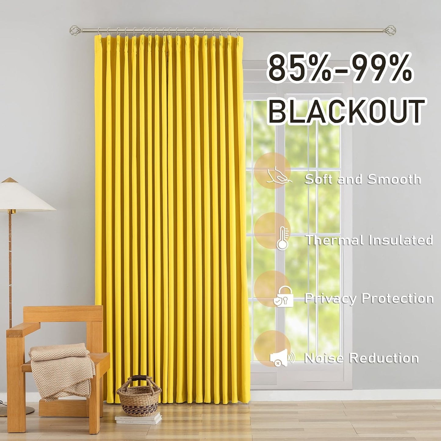 DONREN Yellow Pinch Pleated Blackout Curtains with Hooks - 96 inch Length Room Darkening Thermal Insulated Window Curtain Panels for Living Room Bedroom 2 Panel 40" Wx96 L