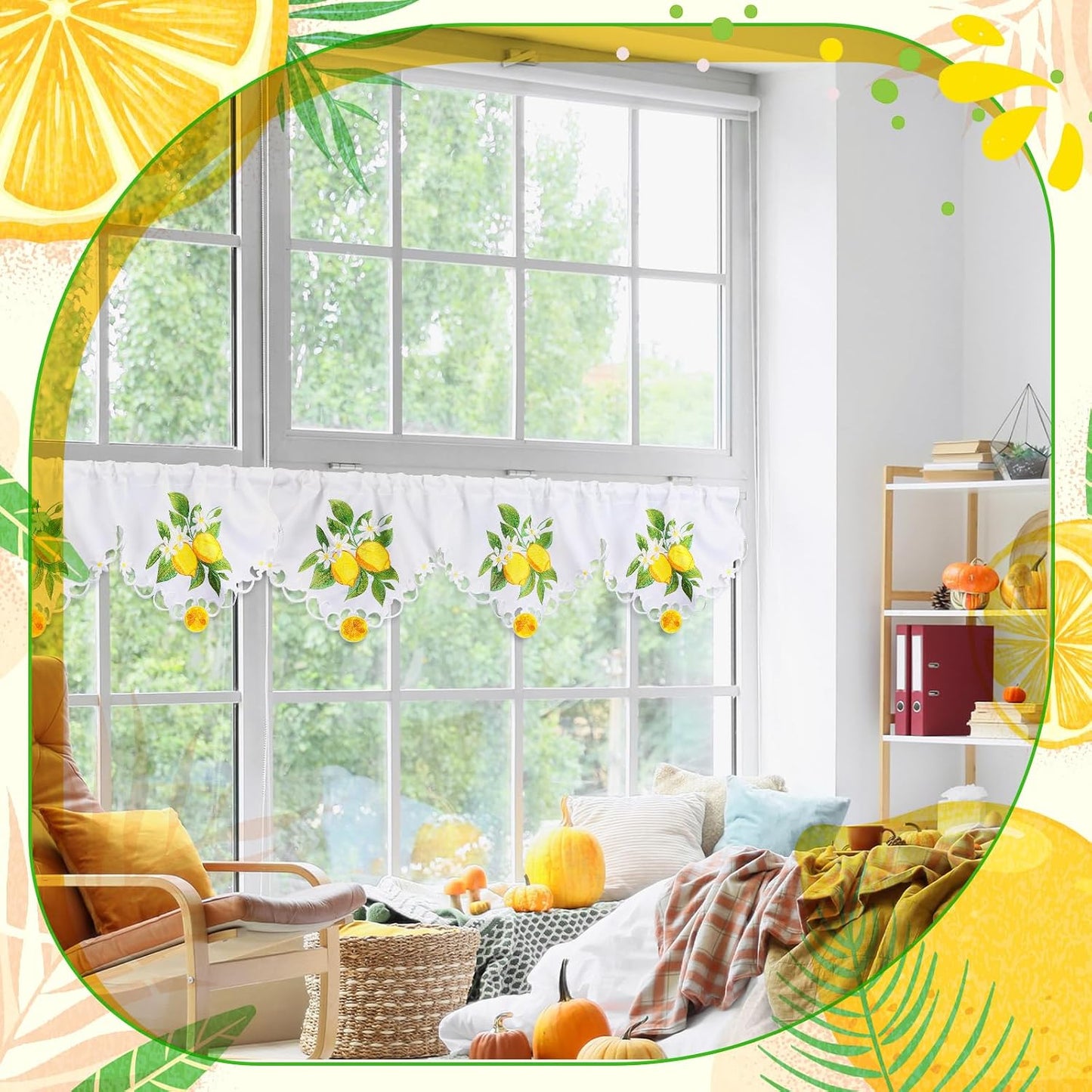 Embroidered Summer Lemon Kitchen Curtains Valances 58 x 15 Inch Yellow Lemon Window Treatment Valance Fresh Fruit Flower Leaf Curtain for Bedroom Bathroom Living Room Decor