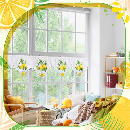 Embroidered Summer Lemon Kitchen Curtains Valances 58 x 15 Inch Yellow Lemon Window Treatment Valance Fresh Fruit Flower Leaf Curtain for Bedroom Bathroom Living Room Decor