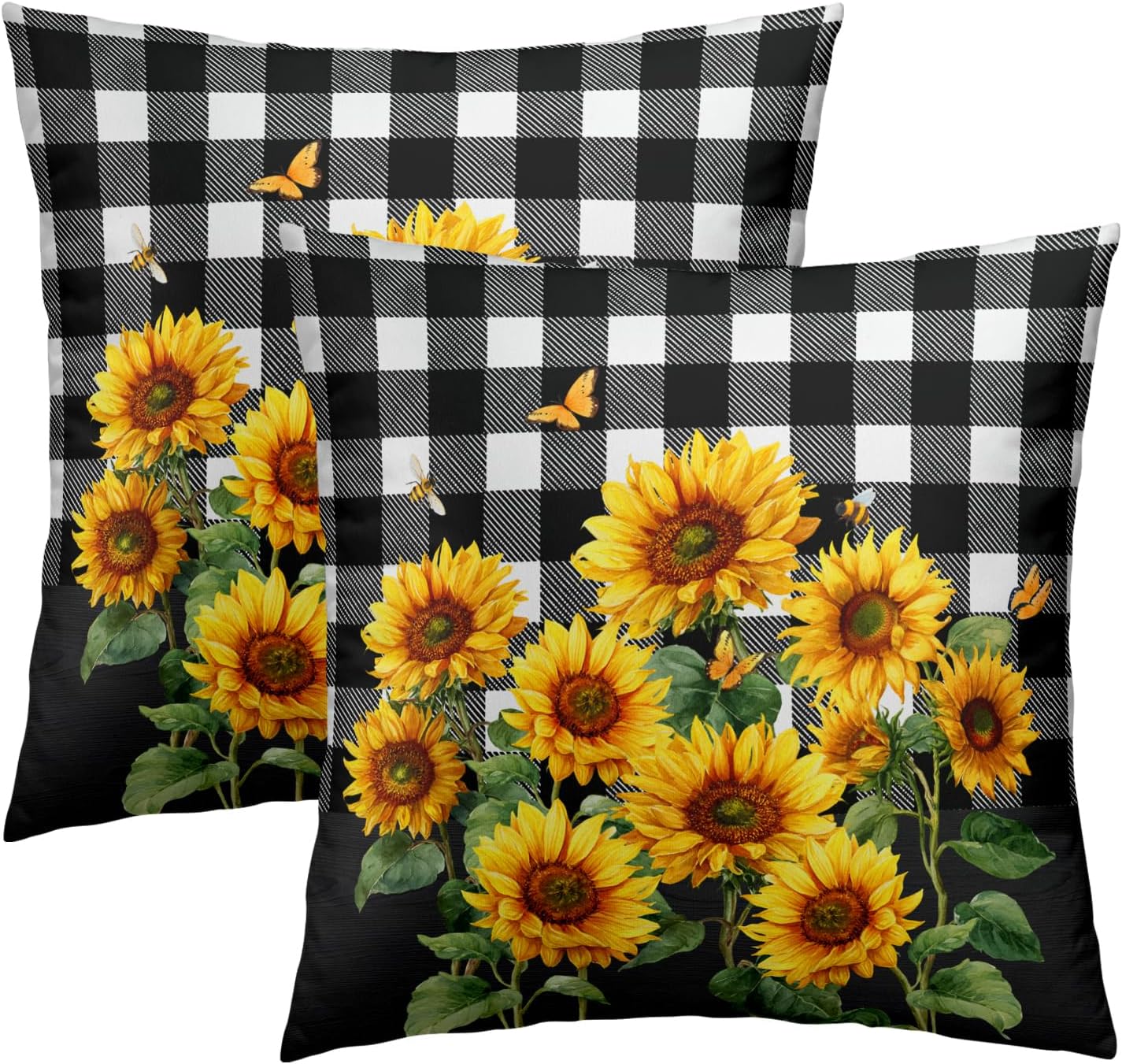 Spring Summer Pillow Covers - Sunflower Throw Pillow Covers Pack of 2 Floral Pillowcases Buffalo Plaid Cushion Cover 18x18 for Couch Bench Sofa Yellow