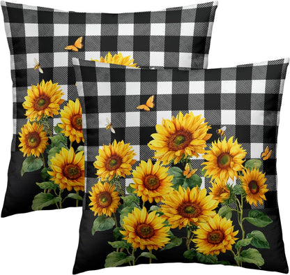 Spring Summer Pillow Covers - Sunflower Throw Pillow Covers Pack of 2 Floral Pillowcases Buffalo Plaid Cushion Cover 18x18 for Couch Bench Sofa Yellow