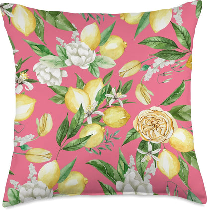 Summer by Vine Mercantile Bright Pink-Amalfi Lemon Blossom Watercolor Citrus Pattern Throw Pillow, 18x18, Multicolor