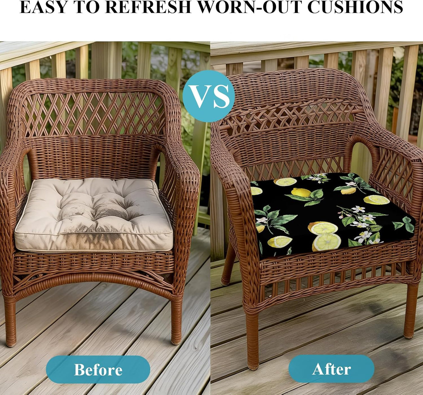 Yellow Lemon Summer Indoor/Outdoor Seat Cushions Cover, Farmhouse Tropical Fruit Black Waterproof Patio Chaise Lounge Cushion Cover for Beach Pool Side Chair Cushions 20''x18''x2pcs