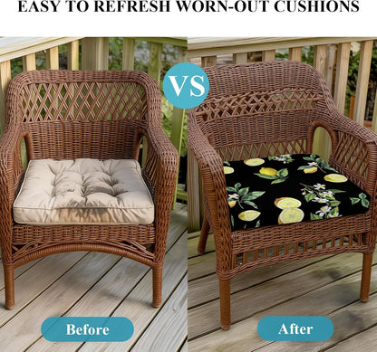 Yellow Lemon Summer Indoor/Outdoor Seat Cushions Cover, Farmhouse Tropical Fruit Black Waterproof Patio Chaise Lounge Cushion Cover for Beach Pool Side Chair Cushions 20''x18''x2pcs