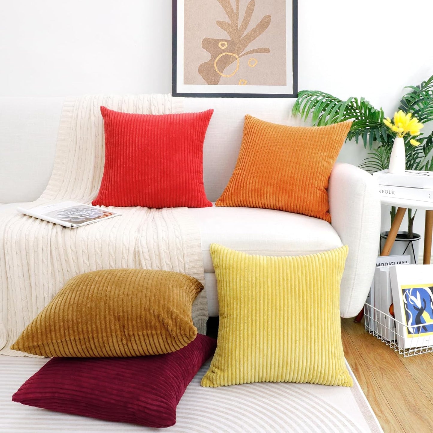Thmyo Pack of 2 Corduroy Soft Decorative Throw Pillow Covers Striped Square Cushion Cases Pillowcases for Sofa Couch Bed Chair Home Decoration, 18x18 inch/45x45 cm, Yellow