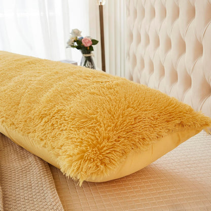 Body Pillow Cover Large Fluffy Shaggy Lumbar Full Body Pillowcase 21 x 54 Inches Soft 1 Pack Modern Home Decorative Zipper Closure, Lemon Yellow