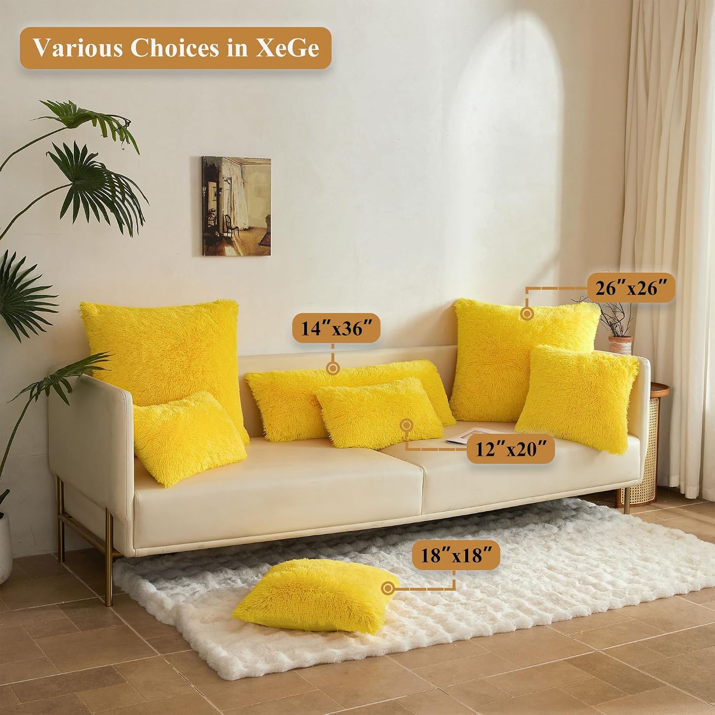 XeGe 12x20 Fluffy Faux Fur Lumbar Throw Pillow Covers Pack of 2, Shaggy Fuzzy Aesthetic Lumbar Pillowcases with Zipper, Plush Furry Long Pillow Cases Sleeping Kids Teens Adults Side Sleeper, Yellow