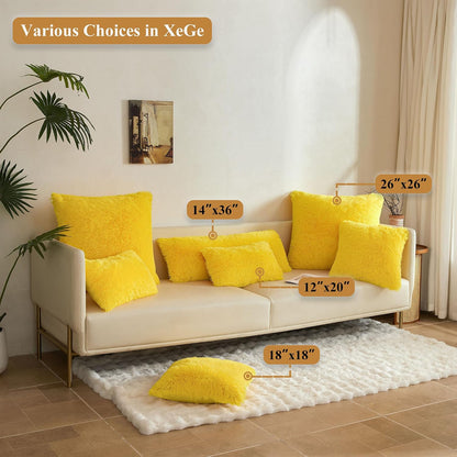 XeGe 12x20 Fluffy Faux Fur Lumbar Throw Pillow Covers Pack of 2, Shaggy Fuzzy Aesthetic Lumbar Pillowcases with Zipper, Plush Furry Long Pillow Cases Sleeping Kids Teens Adults Side Sleeper, Yellow