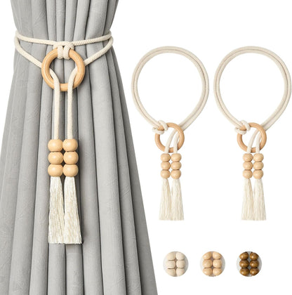NICEEC 2 Pack Natural Cotton Rope Curtain Tiebacks Boho Style Decorative Drape Tie Backs Elegant Hand Woven Rope Curtain Holdbacks with Wooden Ring for Home & Office Window Drapery (T-Yellow)