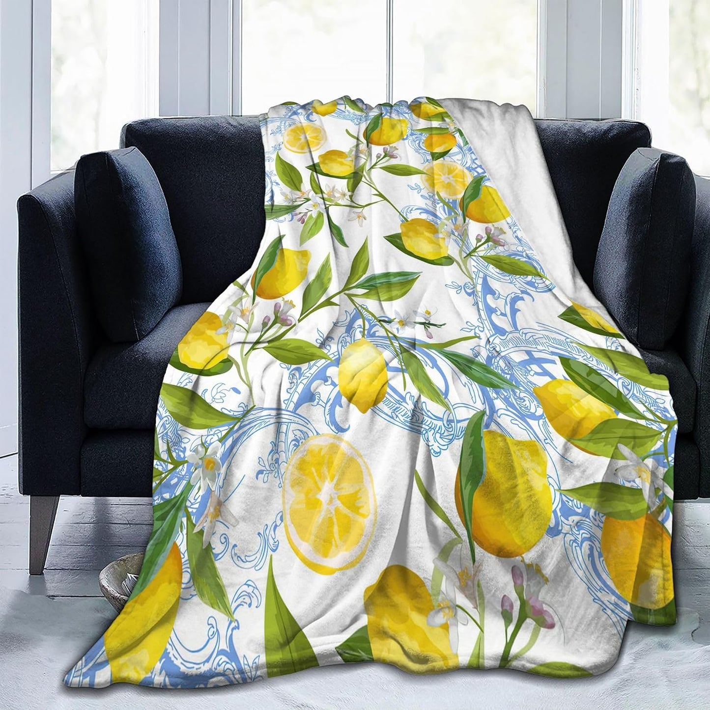 Lemon Floral Blanket Yellow Fruits Green Leaves Lemon Gifts for Women Kids Girls Home Bedroom Living Room Decor Soft Lightweight Throw Blankets 60"x50"