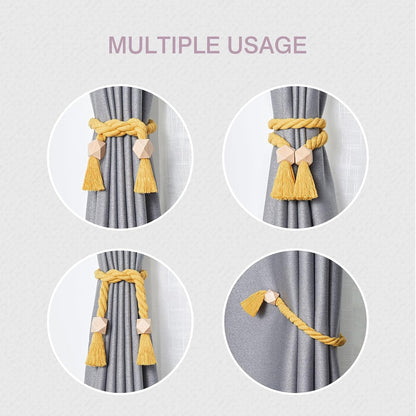 NICEEC 2 Pack Wooden Polyhedron Magnetic Curtain Tiebacks Boho Home Decor Drape Tie Backs Natural Cotton Hand Woven Rope Curtain Holdbacks for Home & Office Window Draperies (Yellow)