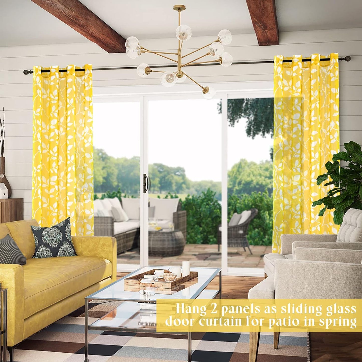 XTMYI Yellow Sheer Pattern Curtains for Living Room 84 Inches Long,Spring Decor Lightweight Leaf Floral Printed Curtains for Bedroom Dining Room 84 Inch Length 2 Panels Set,Mustard Yellow and White