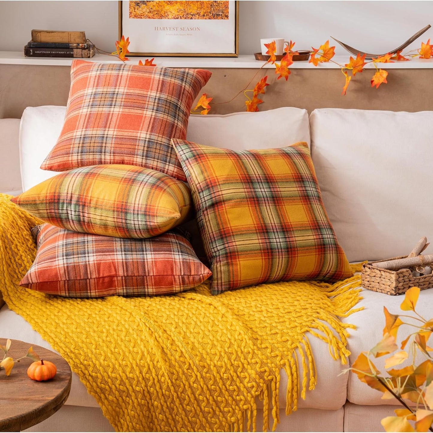 AQOTHES Fall Plaid Yellow Throw Pillow Covers 18x18 Inch Set of 2 | Autumn Decorative, for Couch Sofa Bed Living Room Home Decor, Farmhouse Accent Pillow Cases,Cushion Covers