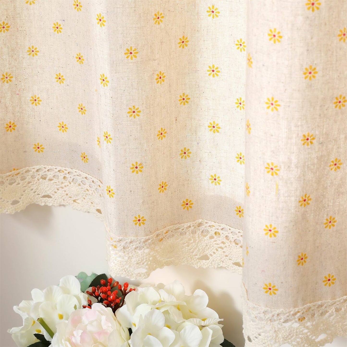 Farmhouse Cotton Linen Tier Curtain 24 Inch Long Elegant Floral Lace Window Valance Kitchen Bathroom Short Curtain, 1 Panel, Yellow Daisy